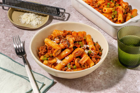 Speedy Harissa Beef and Chorizo Rigatoni