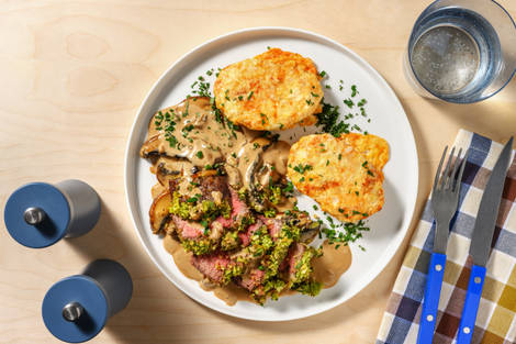 Kräuter-Steak mit Rahmschwammerln