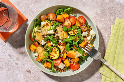 Warming Spiced Charred Courgette, Lentil and Salmon Salad