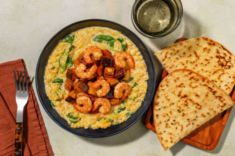 West African Style Spiced Prawns, Dal and Pickled Aubergine