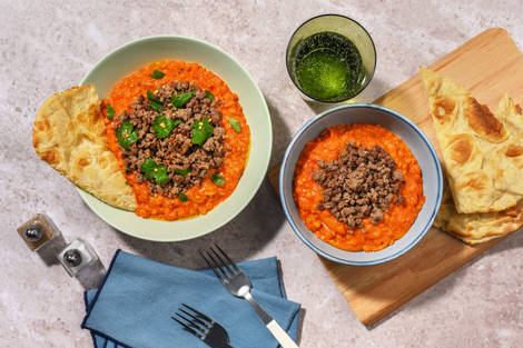 Linse-dhal og hakket oksekød med naan
