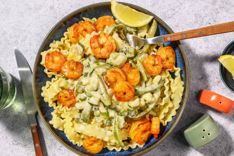 Curry de crevettes laquées et mafaldine