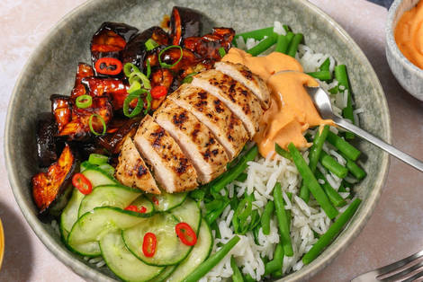 Glasierter Aubergine Bowl mit extra Bio-Hähnchen