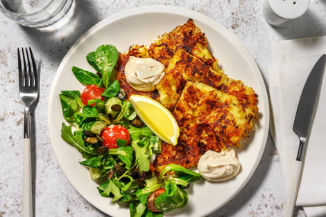 Aardappelkoek met geitenkaas en zure-roomsaus