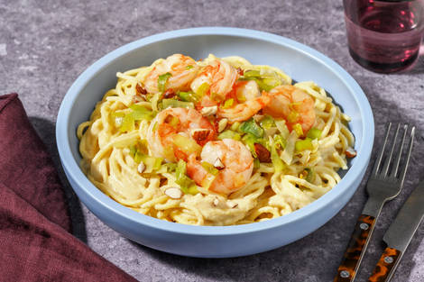 Spaghetti alle mazzancolle, porri e crema di ceci