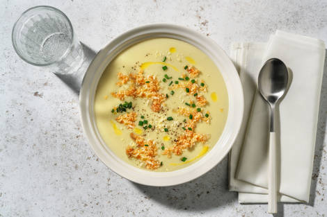 Crema de espárragos blancos con panko al membrillo
