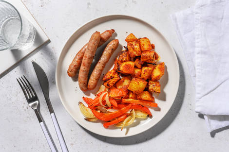Salchichas con patatas al kimchi