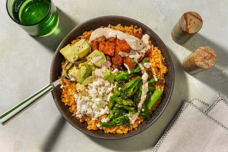 Harissa Sweet Potato and Avocado Bulgur Bowl