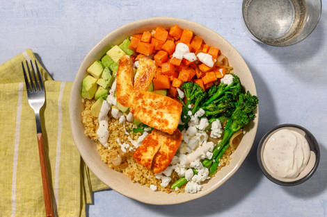 Halloumi, Harissa Sweet Potato and Avocado Bulgur Bowl