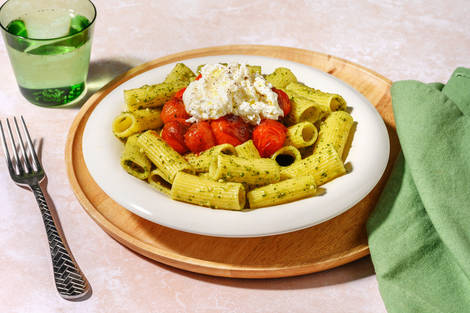 Rigatoni rapidi au pesto verde & burrata