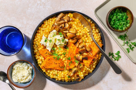 Couscous perlé, crème de courge & champis rôtis