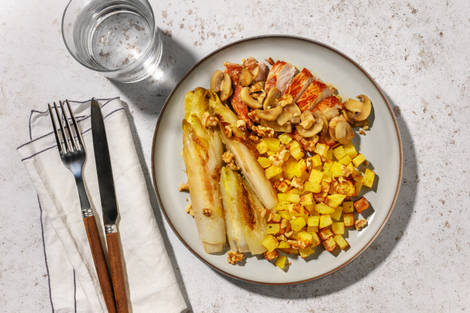 Endives braisées & porc sauce champignons