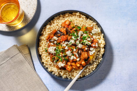 Spiced Aubergine Pearled Couscous Bowl with Falafel