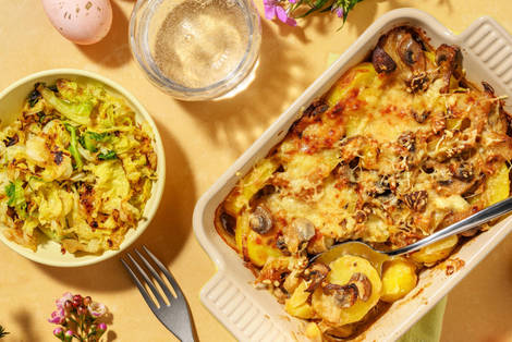 Cheesy Caramelised Onion and Mushroom Gratin