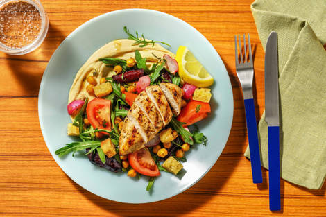 Mediterranean Style Chicken, Houmous and Beetroot Bowl