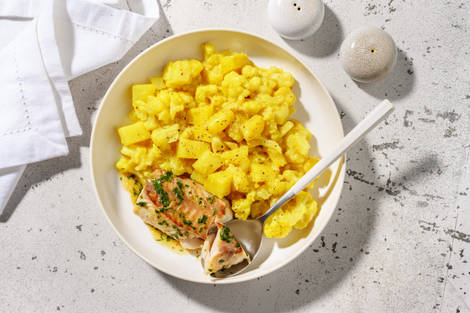 Lieu au beurre de coriandre & aloo gobi