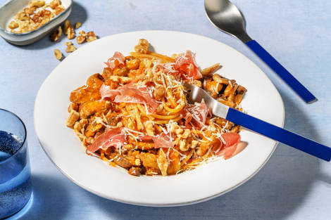 Spaghetti complets au pesto, champis & jambon sec