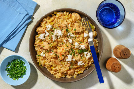 Poulet grillé, freekeh & poireau fondant
