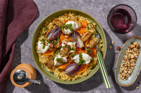 Émincés veggie, courge & sauce zhoug pimentée