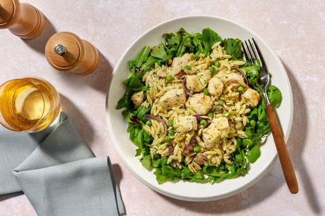 Orzo crémeux au basilic, petits pois & dinde