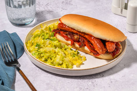 Hot dog merguez & confit oignon-poivrons