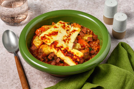 Pan-Fried Halloumi on Harissa and Chorizo Lentils