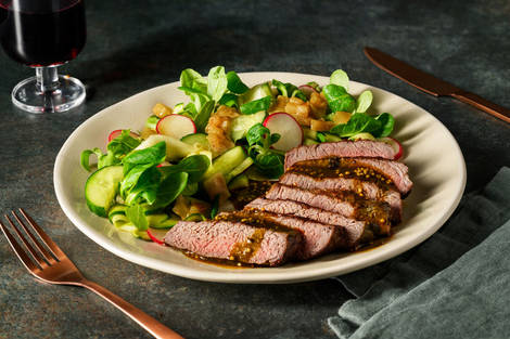 Entrecot de ternera con salsa de miso, mostaza y miel