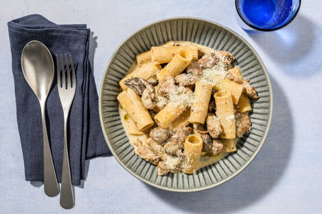 One Pot : rigatoni, saucisse & champis