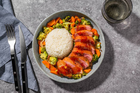 Canard sauce aigre-douce & légumes au soja