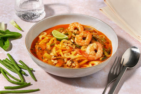 One Pan Red Thai Style Coconut Prawn Udon Soup