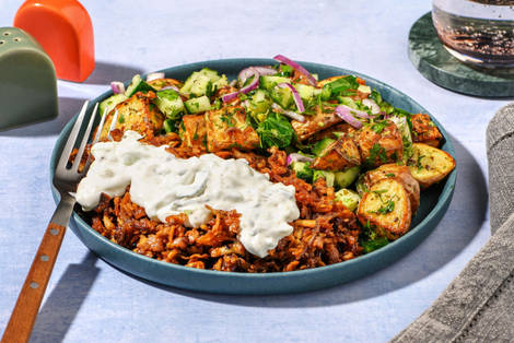 Souflaki-Räuchertofu mit Kartoffelsalat 