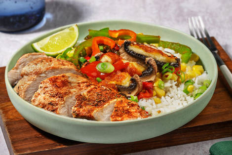 Fajita Bowl mit Portobello und extra Hähnchen