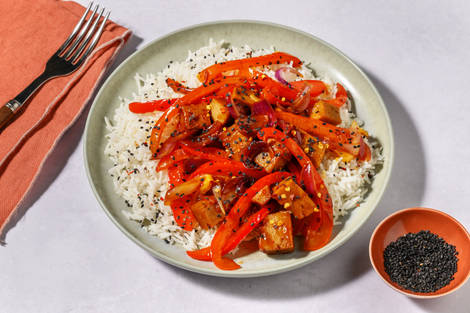 Seitán teriyaki con verduras salteadas