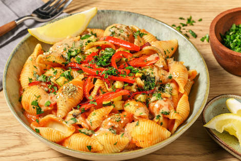 Conchiglie in geroosterde-groentensaus