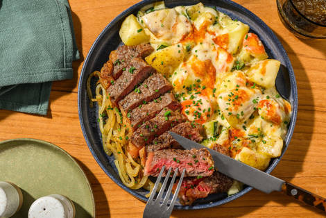 Steak met cheezy groentegratin
