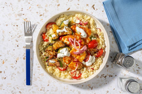 Chermoula Double Halloumi & Courgette on Couscous 