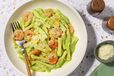 Caserecce al pesto di broccoli e mazzancolle dorate