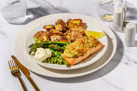 Creamy Pesto Baked Salmon and Herby Smashed Potatoes