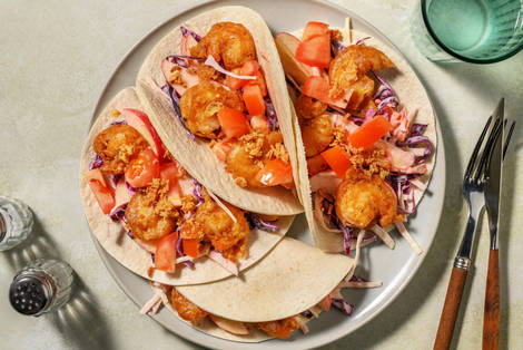 Wraps de tempura de crevettes et oignons frits