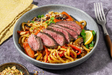 Udonnudeln mit Portobello & extra Rindersteak