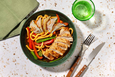 Vegetable Gyozas & Teriyaki Chicken Udon Traybake