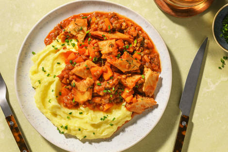 Französischer Eintopf mit veganen Filetstreifen nach Rinderart