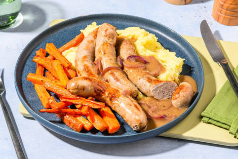 Double Sausages in Caramelised Red Onion Gravy