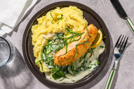 Lachsfilet mit Senfkruste und Zitronen-Spinat-Soße