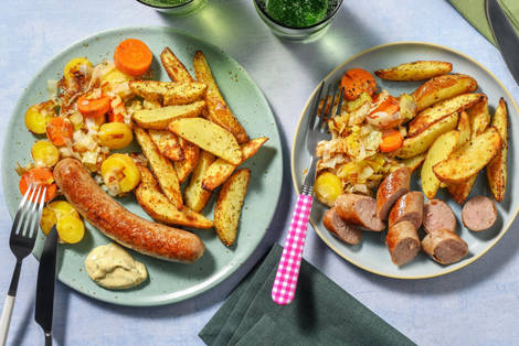 Saucisse de porc, pommes de terre sautées et légumes