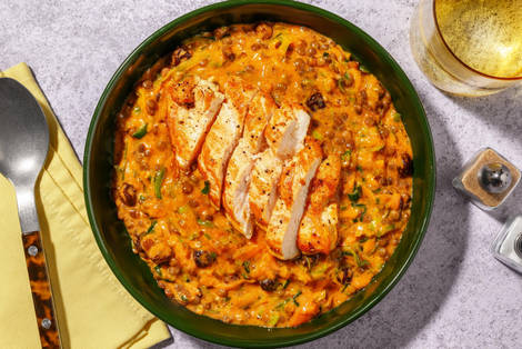Harissa-Hähnchenfilets auf cremigem Linsengemüse