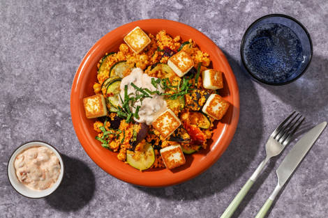 Spicy Veg, Chickpea and Couscous Halloumi Salad 