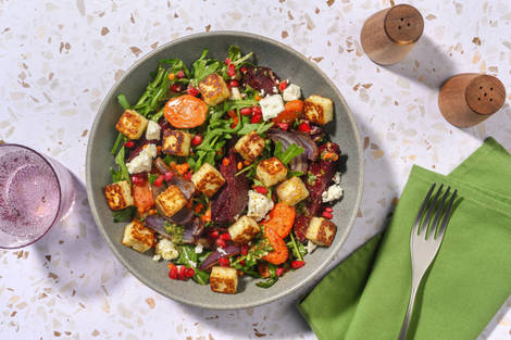 Warm Halloumi, Beetroot, Carrot and Pomegranate Salad