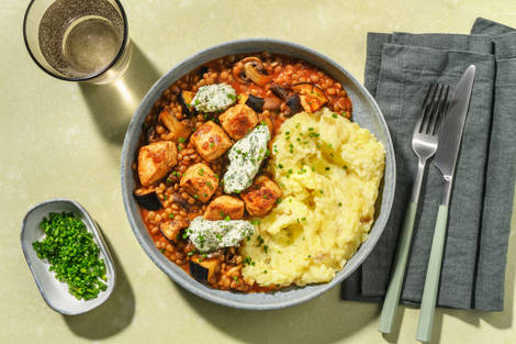 Chicken and Aubergine au Vin and Chive Creme Fraiche