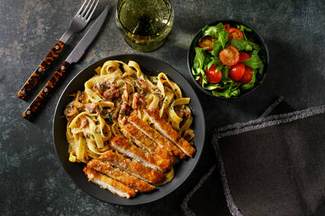 Crispy Pork Schnitzel and Creamy Bacon Tagliatelle